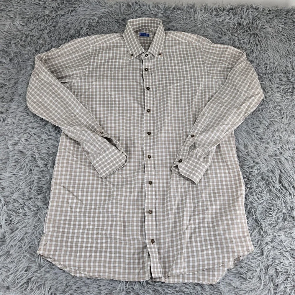 EC by Tom James Button Down Shirt Mens‎ XL Tan Gingham Plaid Long Sleeve Dress